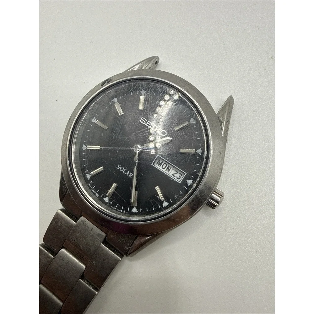 Seiko Men V158-0AB0 Dress Black Dial‎ Day Date Stainless Solar 37mm Watch